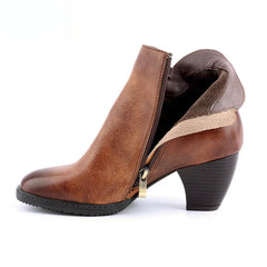 Socofy Genuine Leather Handmade Square Toe Vintage Handmade Flower Boots Woman