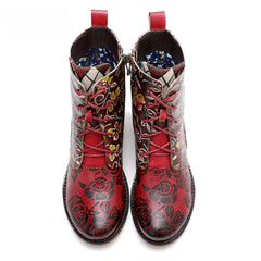 Socofy Vicconfy Genuine Leather Lace Up Cowboy Jacquard Colorblocking Ankle Boots