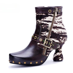 Socofy Vicconfy Retro Handmade Zebra Pattern Buckle Ankle Boots