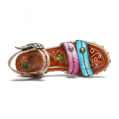 Socofy Summer Leather Retro Rivet Clash Colour High Heeled Sandals