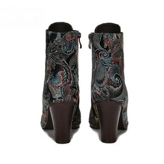 Socofy Vicconfy Cowhide Non-Slip Vintage Embroidered Heel Ankle Boots
