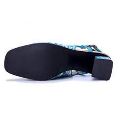 Socofy Handmade Leather Crushed Flower Chunky High Heeled Sandals