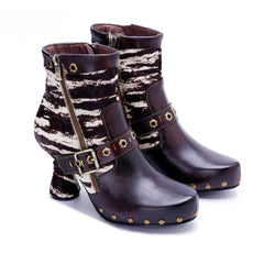 Socofy Vicconfy Retro Handmade Zebra Pattern Buckle Ankle Boots