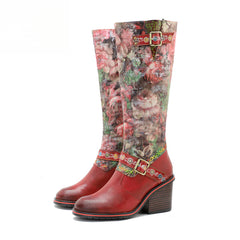 Socofy Vicconfy Handmade Color Rubbed Leather Printed Belt Buckle Chunky Heel Women's Boots