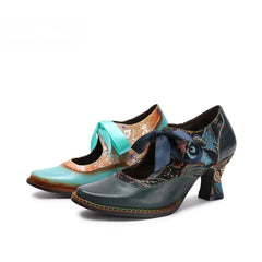 Socofy Summer flower blue ethnic style high-heeled ribbon lace-up women's shoes
