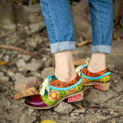 Socofy Genuine Leather Lace-up Oxford Vintage Women Retro Bohemian Flats Shoes