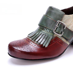 Socofy Genuine leather vintage brogue tassel side zipper Pupms