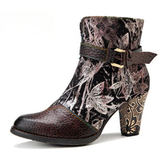 Socofy Vicconfy Genuine Leather French Vintage Print Heeled Women's Boots
