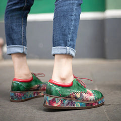 Socofy Vicconfy Retro Muffin Heel Comfortable Printed Round Toe Leather Women's Shoes Loafers