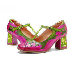 Socofy Handmade Leather Vintage Mary Jane Heels
