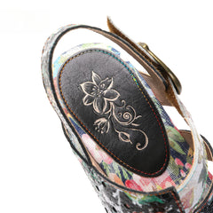 Socofy Vicconfy Leather Floral Heeled Black Sandals