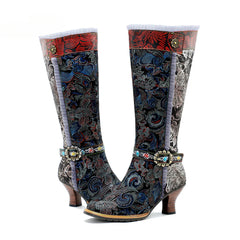 Socofy Genuine Leather Vintage Boots Warm Lace Side Heeled Boots