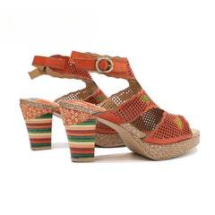 Socofy new retro genuine leather hollow color layer leather high heel sandals