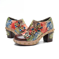 Socofy Genuine Leather Vintage Floral Dimensional Flower Comfortable Pumps