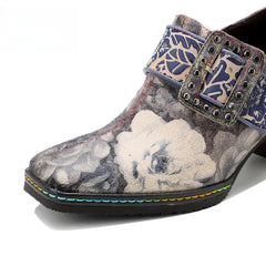 Socofy  Vicconfy Genuine Leather Vintage Style Water Print High Heeled Single Shoes