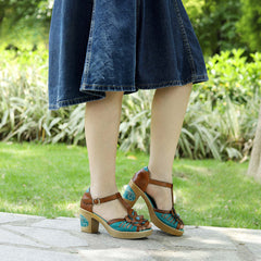 Socofy spring and summer leather retro casual three-dimensional flowers buckle strap women's sandals