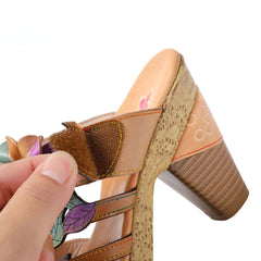 Socofy Vicconfy Flower Patchwork Head Cowhide High Heel Women's Sandals Slippers