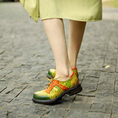 Socofy genuine leather retro printed lace-up casual round toe thick heel women's leather flat shoes