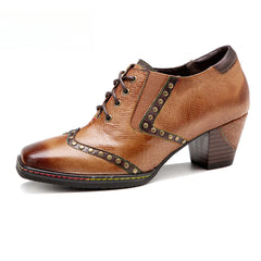Socofy Genuine Leather Retro Brown Strappy Thick Heel Women's High Heels