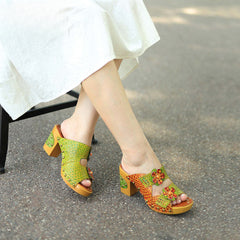 Socofy Spring and summer genuine leather retro flower comfortable thick heel high heel sandals