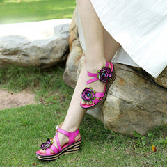 Socofy summer leather three-dimensional flowers comfortable sloping sandals