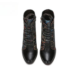Socofy Vicconfy Cowhide Non-Slip Vintage Embroidered Heel Ankle Boots