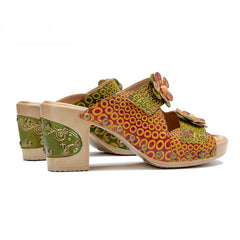 Socofy Spring and summer genuine leather retro flower comfortable thick heel high heel sandals