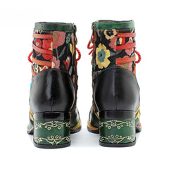 Socofy Vicconfy Handmade Genuine Leather Printed Patchwork Colorful Strappy Chunky Heel Women's Boots