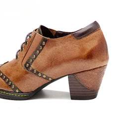 Socofy Genuine Leather Retro Brown Strappy Thick Heel Women's High Heels