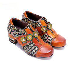 Socofy Genuine leather vintage plaid three-dimensional flowers pumps