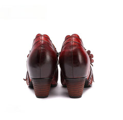 Socofy Genuine Leather Handmade Vintage Fashion Side Zipper High Heels Women's Shoes