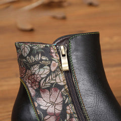 Socofy Leather Retro Flowers Fashionable Zipper Heel Boot