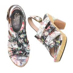Socofy Vicconfy Leather Floral Heeled Black Sandals