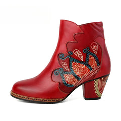 Socofy Vicconfy Retro Pattern Leather Zipper Ankle Boots