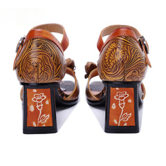 Socofy Vicconfy Handmade Leather Vintage Printed Dimensional Heeled Sandals