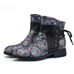 Socofy Vicconfy Retro Leather Blossom Casual Comfort Ankle Boots