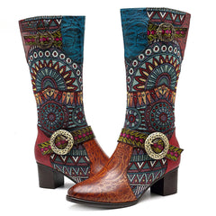 Socofy pointed-toe adhesive-soled high-top cowhide bohemian ethnic style fashion boots