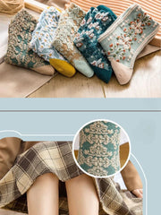 Socofy Vicconfy Vintage Cubic Embossed Socks Floral Mid-Calf Women's Socks