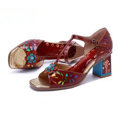 Socofy Crimson Blossom T-Strap Sandals