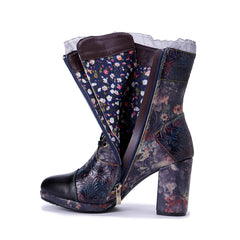Socofy Winter Retro Lace Print Heeled Boots