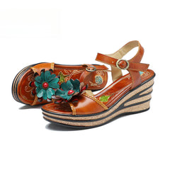 Socofy summer on leather retro three-dimensional flowers casual comfortable sloping sandals