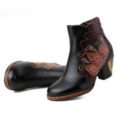 Socofy Vicconfy Retro Pattern Leather Zipper Ankle Boots