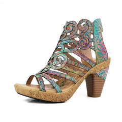 Socofy retro casual ethnic style fish mouth top layer cowhide flower fashion women's sandals