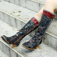 Socofy Genuine Leather Vintage Boots Warm Lace Side Heeled Boots