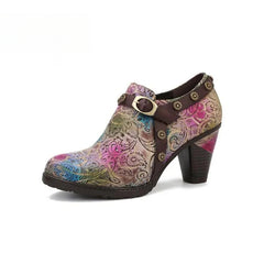 SOCOFY Genuine Leather Slip-On Square heel Round Toe Mixed Colors Heels