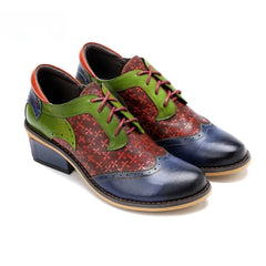 Socofy New Spring Genuine Leather Round Toe Lace-up Mixed Colors Ethnic Casual Sewing Pumps