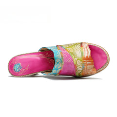 Socofy Summer Leather Vintage Colour Block High Heeled Sandals