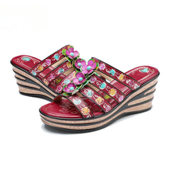 Socofy Summer Leather Vintage Flower Slope Heel Sandals Slippers