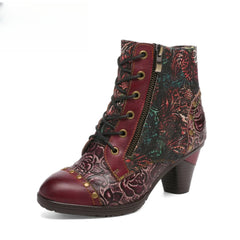 Socofy Vicconfy Retro Handmade Leather Patchwork Ankle Boots