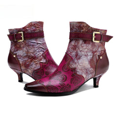 Socofy Leather Printed Patchwork Belt Buckle Slim Heel Women's Boots